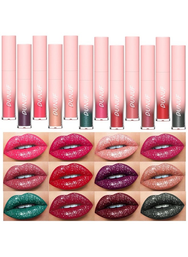 Dulele 12 Pcs Diamond Glitter Liquid Lipstick Set, Long Lasting & Non-Stick Cup Metallic Shimmer Matte Full Colour Tinted Lipstick Lip Gloss, Highly Pigmented Shinning Lipstick (Red, M) - Image 1