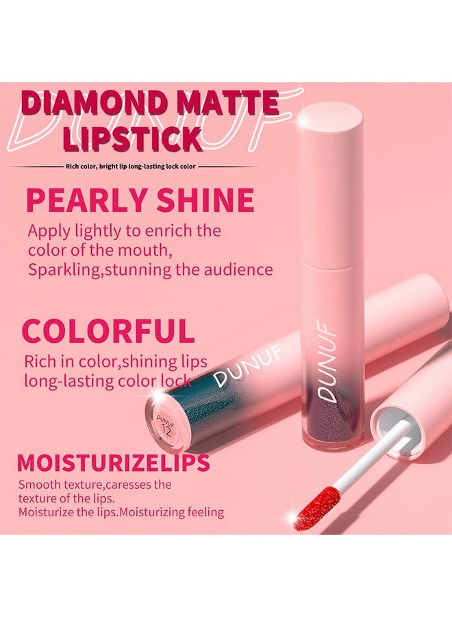 Dulele 12 Pcs Diamond Glitter Liquid Lipstick Set, Long Lasting & Non-Stick Cup Metallic Shimmer Matte Full Colour Tinted Lipstick Lip Gloss, Highly Pigmented Shinning Lipstick (Red, M) - Image 2