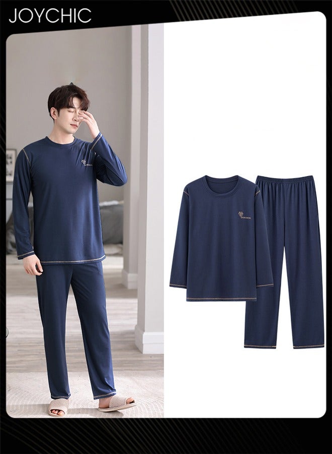 Joychic 2-piece Spring and Autumn Winter Men Pajamas Modal Skin-friendly Long Sleeve Youth Home Sleepwear Comfortable Breathable Loungewear Dark Blue - Image 1
