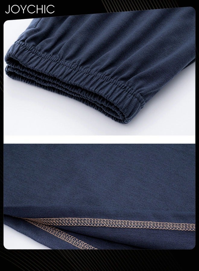 Joychic 2-piece Spring and Autumn Winter Men Pajamas Modal Skin-friendly Long Sleeve Youth Home Sleepwear Comfortable Breathable Loungewear Dark Blue - Image 3