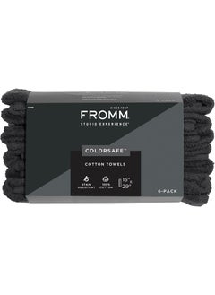 Fromm ColorSafe 100% Cotton Bleach Proof Salon Hair Towels, for Hairstylists, Barbers, Spa, Gym, Absorbent and Stain-Resistant Black Towels for Drying Long, Curly, or Wavy Hair, 16" x 29", 6 Pack 