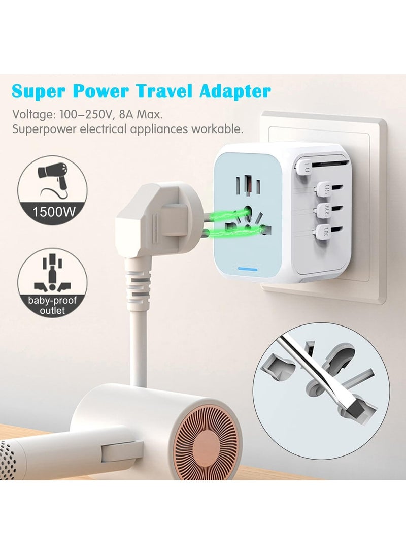 Universal Travel Adapter, International Power Adapter, Wall Outlet Adaptor Charger with High Speed 2.4A 3USB  3.0A Type-C, Worldwide Travel Plug Adapter (White) - Image 4