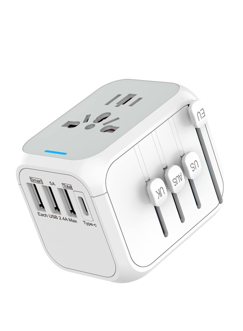 Universal Travel Adapter, International Power Adapter, Wall Outlet Adaptor Charger with High Speed 2.4A 3USB  3.0A Type-C, Worldwide Travel Plug Adapter (White) - Image 1