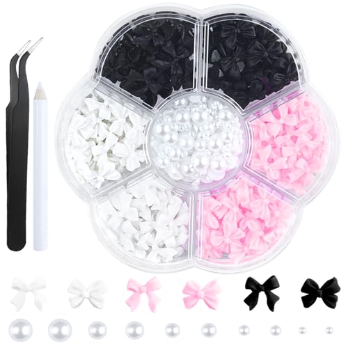 TKYZMS 300Pcs 3D Bow Nail Charms and Flatback Pearls Set,Black White Pink Bowknot,Bow-Knot Nail Stud Rhinestones Crystal,Nail Art Charms,Nail Art Supplies,for Manicure DIY,Nail Art Design,Jewelry Decoration - Image 1