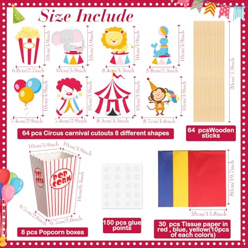 Weekgrat 12 Sets Circus Carnival Party Centerpieces Decorations Circus Theme Table Toppers with Popcorn Box Circus Carnival Cutouts and Sticks for Carnival Party Birthday Decor Supplies - Image 5