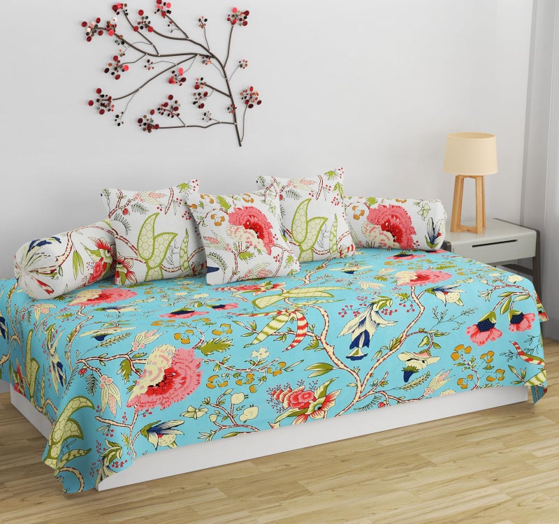 SHOMES Pure Soft Cotton Printed Diwan Set Covers 6 Pieces - 1 Single Bed Sheet (60 X 90) with 3 Cushion (16 X 16), 2 Bolster Covers (16 X 32) - Aqua Floral - Image 1