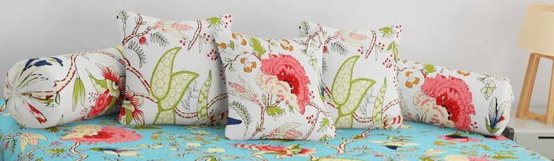 SHOMES Pure Soft Cotton Printed Diwan Set Covers 6 Pieces - 1 Single Bed Sheet (60 X 90) with 3 Cushion (16 X 16), 2 Bolster Covers (16 X 32) - Aqua Floral - Image 2