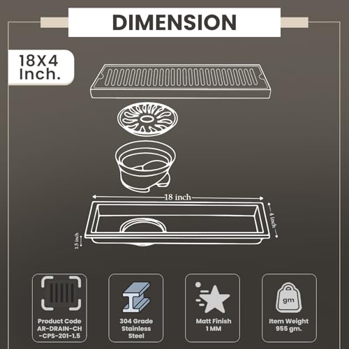 EVANEX EVANEX Bathroom Drain Drainer | 24x4 Inch 304 Grade Stainless Steel Shower Drain Channel | Drain Strainer for Bathroom with Cockroach Trap (Silver Classic, 18 x 4 Inch) - Image 3