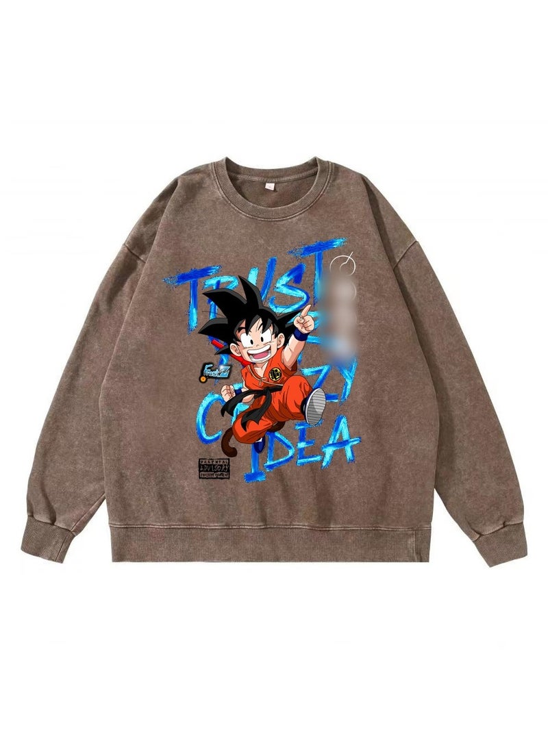 KUYING Dragon Ball Printed Loose Water Washed Vintage Round Neck Long Sleeve Hoodie  - Image 1