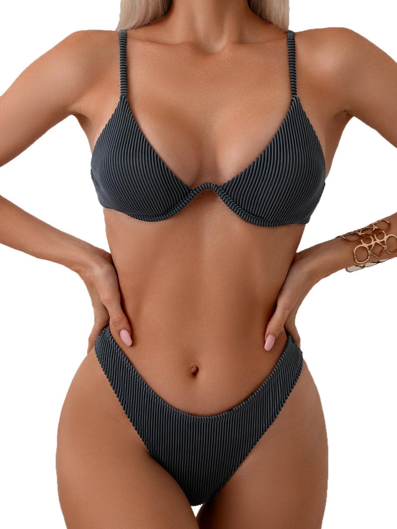 Fanuerg Women Underwire Triangle Bikini Spaghetti Strap Push Up Swimsuit Cheeky Two Piece Bathing Suit Grey L - Image 1
