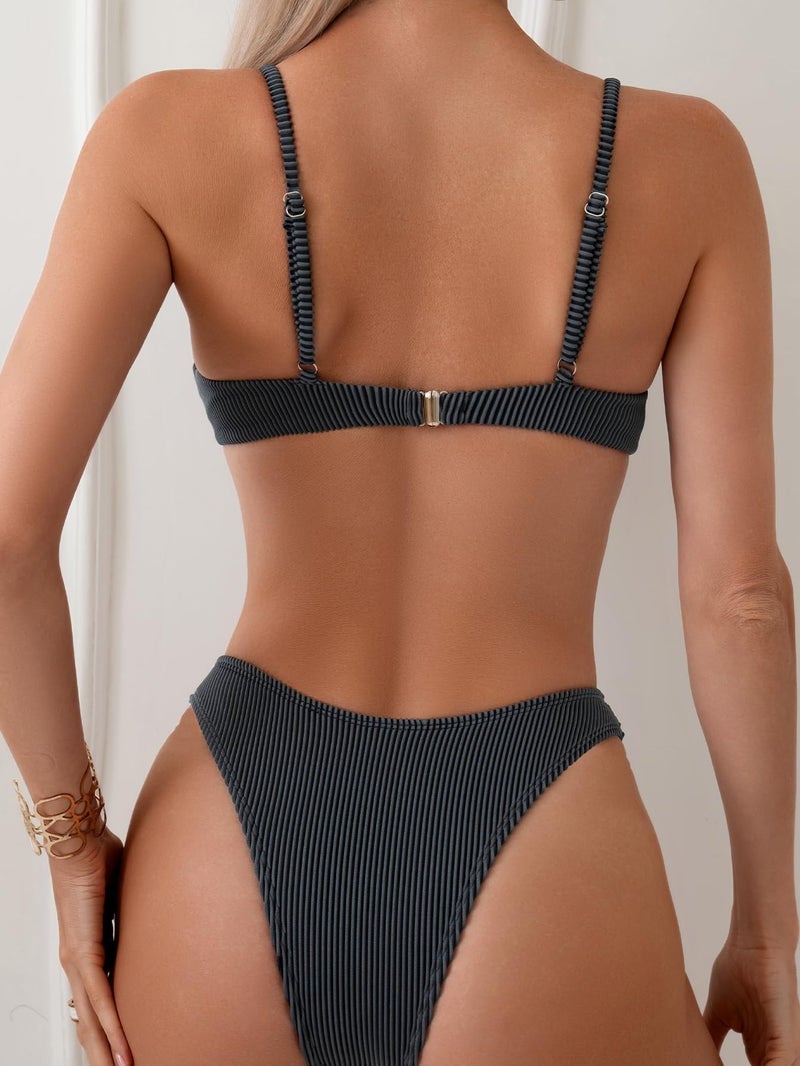 Fanuerg Women Underwire Triangle Bikini Spaghetti Strap Push Up Swimsuit Cheeky Two Piece Bathing Suit Grey L - Image 4