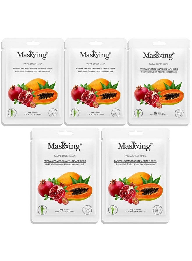 MasKing Bamboo Facial Sheet Mask of Papaya, Pomegranate & Grape Seed for Skin Vital Infusion Ideal for Women & Men, 20ml each (Pack of 5) - Image 1