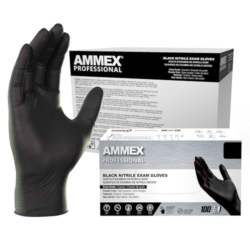 Ammex قفازات امتحان نيتريل سوداء من AMMEX، علبة تحتوي على 1000، 3 مل، حجم صغير، خالية من اللاتكس، خالية من البودرة، مزخرفة، قابلة للتخلص، غير معقمة، آمنة للطعام، ABNPF42100 - Image 1