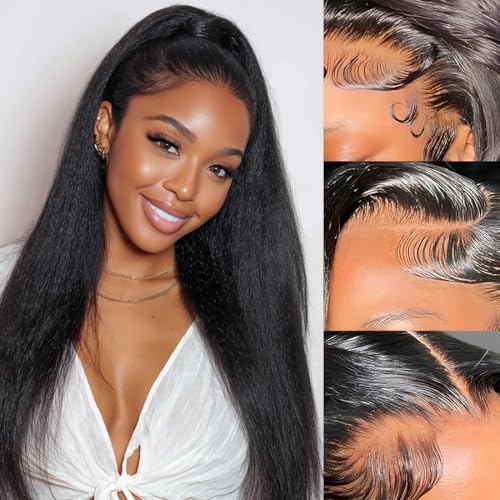 Ladoux 13x6 Lace Front Yaki Straight Wig HD Transparent Yaki Straight Frontal Closure Human Hair Wigs for Women 20Inch 180 Density Glueless Wig Pre Plucked With Baby Hair - Image 1