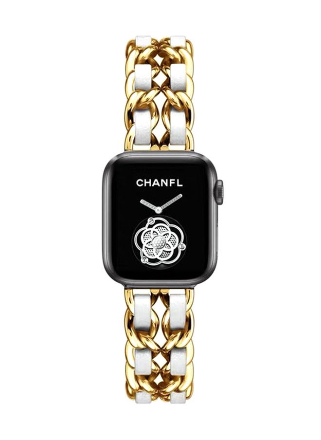 NIBEMINENT - Metal Leather Bracelet for Apple Watch 42/44/45mm Gold/White - Image 1
