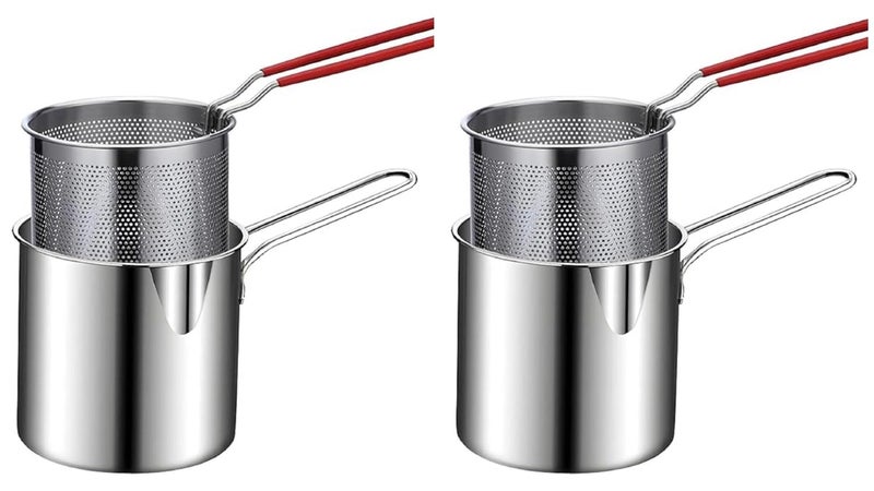 Stainless Steel Deep Fryer Pot with Strainer Basket & Glass Lid – Oil Frying Cooker with Heat Resistant Handle, Multipurpose Frying Pot for French Fries, Chicken, Shrimp (Silver (two packs))