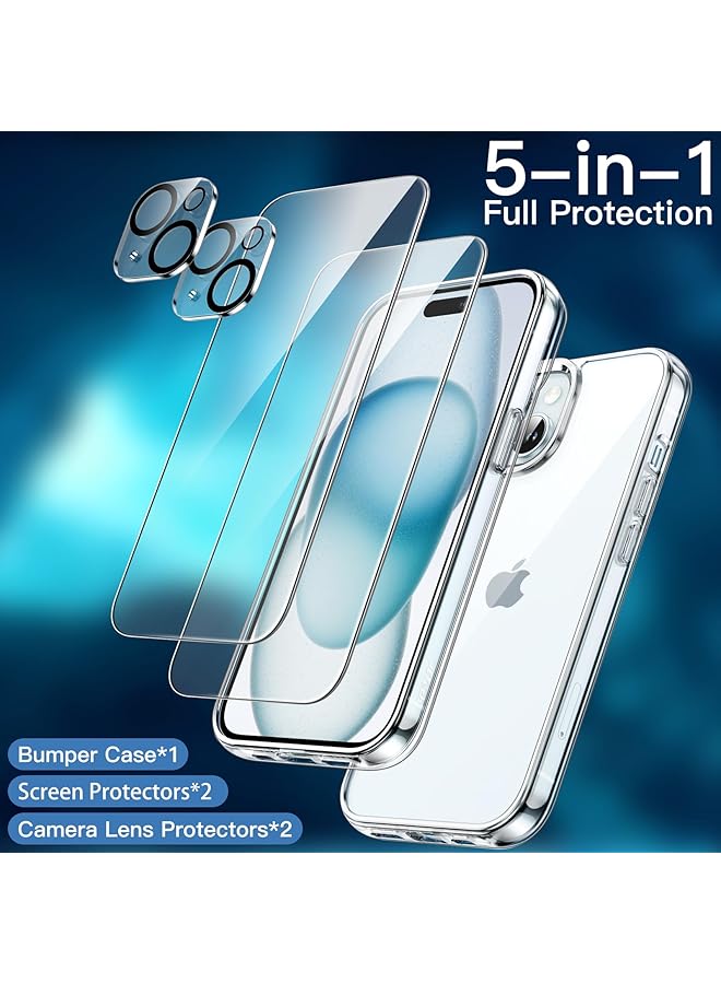 جي تيك جراب 5 في 1 لهاتف Iphone 15 6.1 بوصة مع قطعتين من واقي الشاشة الزجاجي المقوى وواقي عدسة الكاميرا، غطاء هاتف مقاوم للصدمات غير قابل للاصفرار شفاف - Image 3