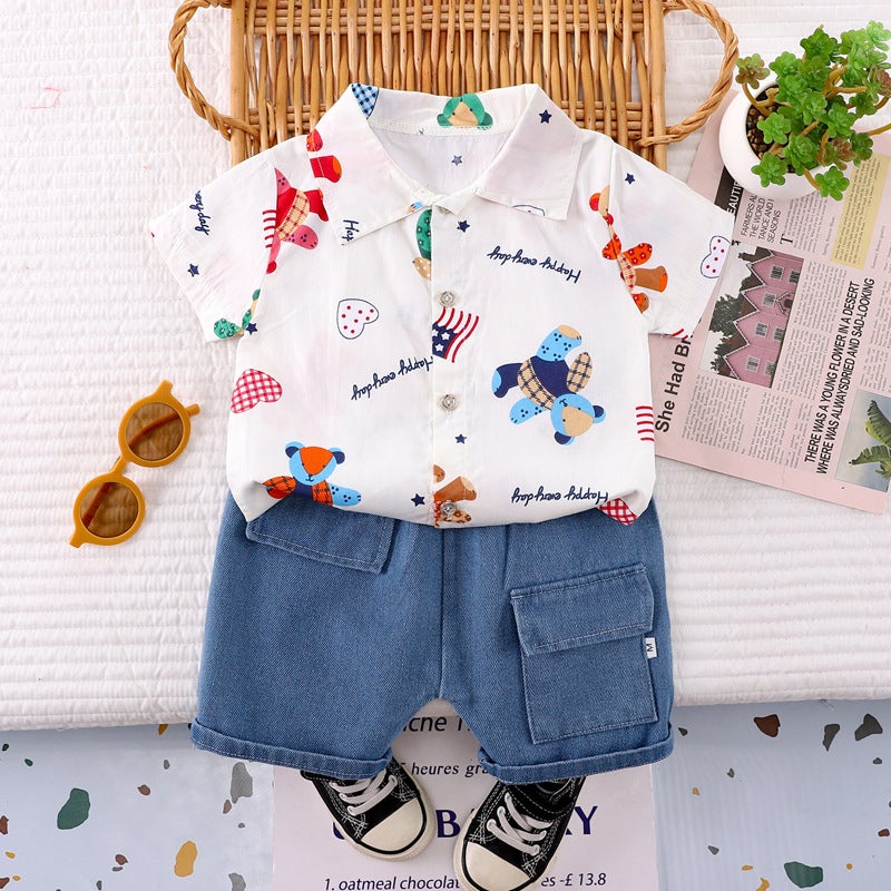 Short-sleeved shorts baby thin summer cartoon two-piece suit summer lapel baby summer handsome small fresh Lattice Love-creamy-white 