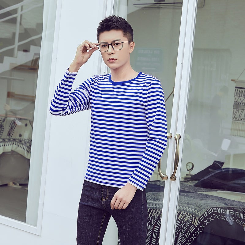 Live Supply Cotton Long Sleeve Sea Soul Shirt T-Shirt Blue And White Stripes For Men And Women Couples Navy Shirt A Generation Of Hair - Image 1