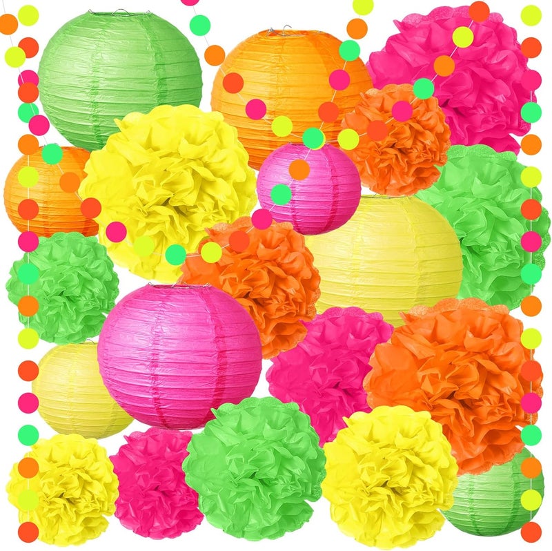 Riakrum 22 Pcs Neon Birthday Party Decorations Include 8 Colorful Paper Lanterns 12 Tissue Paper Pom Poms 2 Garlands for Wedding Bridal Shower Party Supplies - Image 1