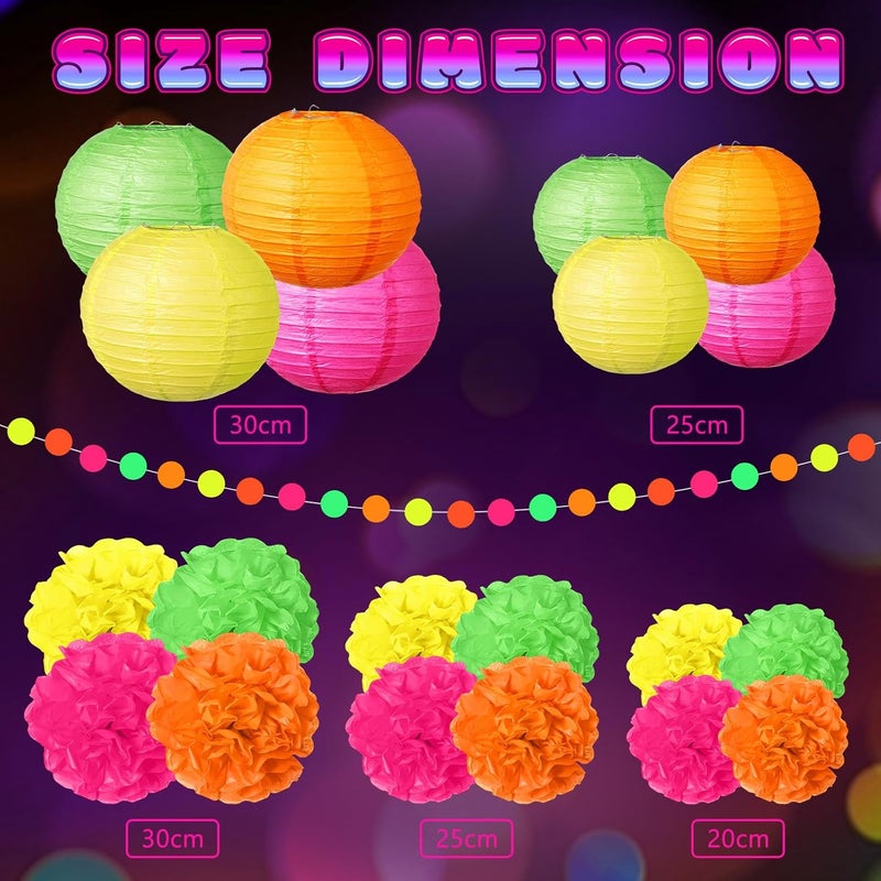 Riakrum 22 Pcs Neon Birthday Party Decorations Include 8 Colorful Paper Lanterns 12 Tissue Paper Pom Poms 2 Garlands for Wedding Bridal Shower Party Supplies - Image 2