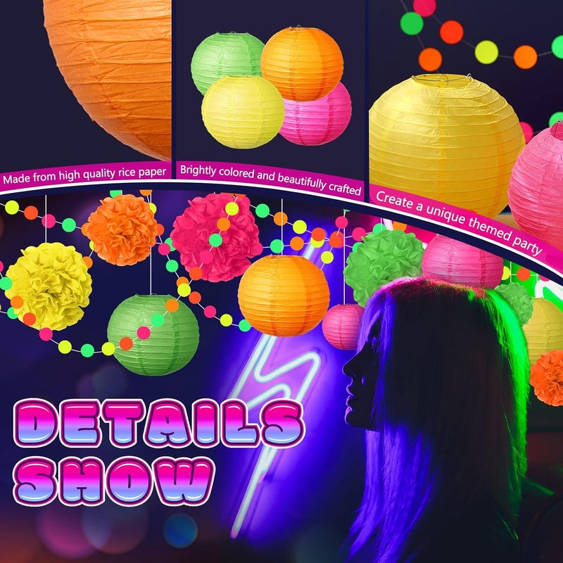 Riakrum 22 Pcs Neon Birthday Party Decorations Include 8 Colorful Paper Lanterns 12 Tissue Paper Pom Poms 2 Garlands for Wedding Bridal Shower Party Supplies - Image 4