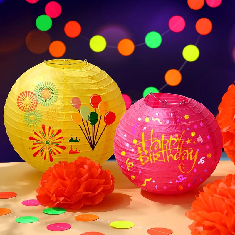 Riakrum 22 Pcs Neon Birthday Party Decorations Include 8 Colorful Paper Lanterns 12 Tissue Paper Pom Poms 2 Garlands for Wedding Bridal Shower Party Supplies - Image 5
