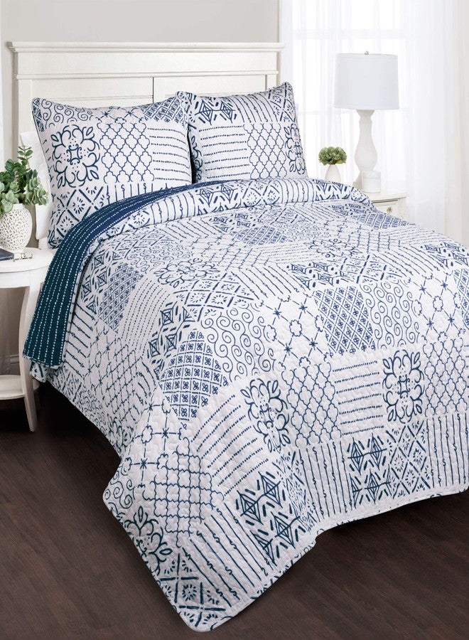 Lush Decor Monique 3 Piece Reversible Print Pattern Blue Quilt Set King - Image 2