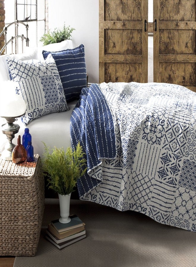 Lush Decor Monique 3 Piece Reversible Print Pattern Blue Quilt Set King - Image 3