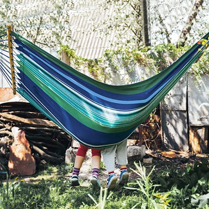 Besillia Besillia Hammock Outdoor Cotton Load Capacity up to 120 kg 1 Person Large for Garden Travel Patio Backpack Hiking 1 Person Blue  - Image 5