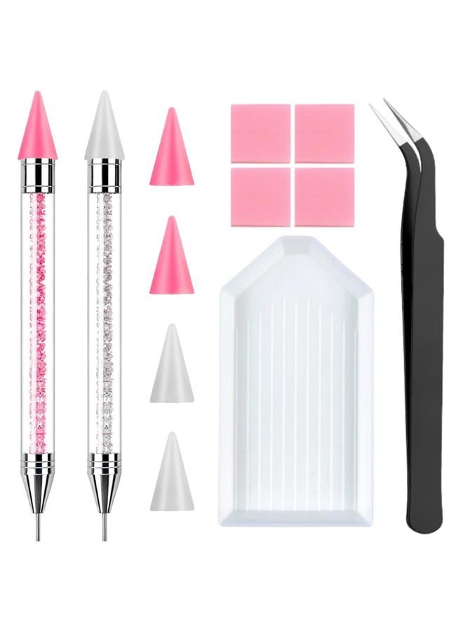 NFRBTD 2 Pack Rhinestone Picker Tool Dotting Pen with 4 Extra Tips, Wax Pencil for Rhinestones with Tweezer and Tray, Crystal Gem Diamond Jewel Applicator, Rhinestone Tool for Crafts Bedazzling DIY Nail Art - Image 1