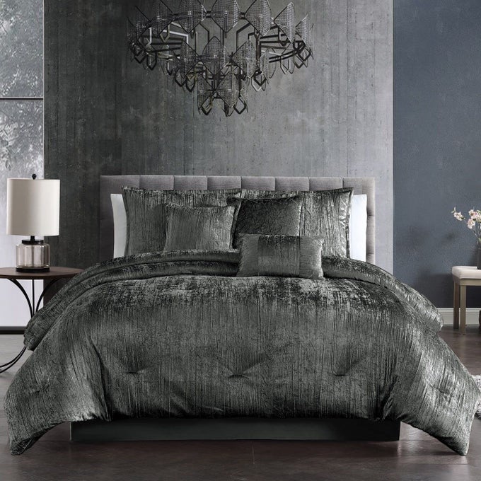 TURIN PLUSH COMFORTER SET KING CHARCOAL 7PIECE SET