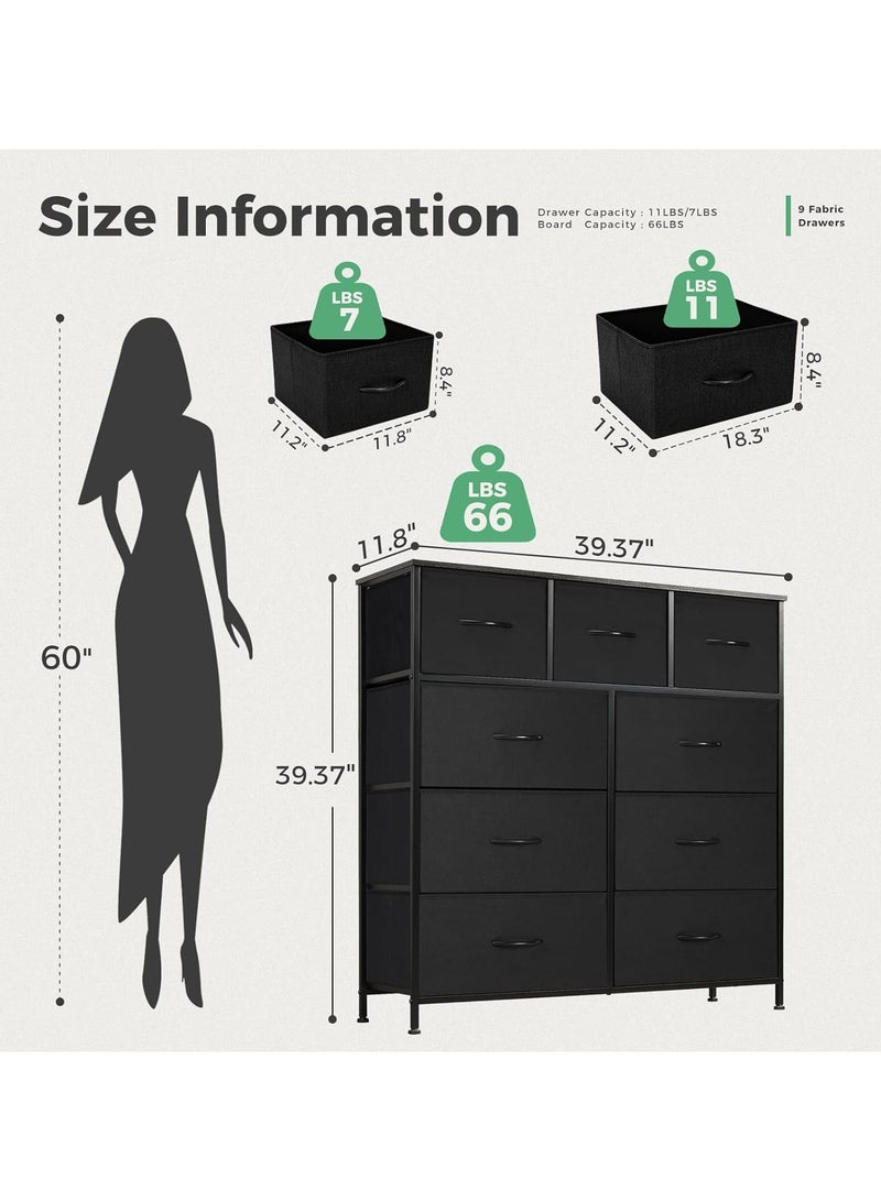 آسي بلاي خزانة طويلة لغرفة النوم، برج تخزين من القماش مع 9 أدراج، باللون الأسود الفحمي، - Image 5