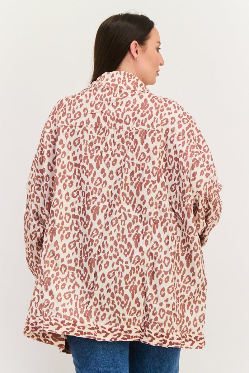 Daisy Street Women Plus Size All Over Printed Jacket Shirt, Beige - Image 3