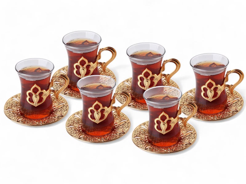 Alisveristime (SET OF 6) Turkish Tea Set with Zamac Holders, Glass Cups, and Saucers, 100ml Capacity, Elegant Serving Set in Gold and Silver (Harman) (Gold) - Image 1