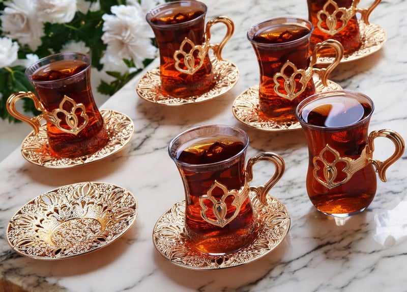 Alisveristime (SET OF 6) Turkish Tea Set with Zamac Holders, Glass Cups, and Saucers, 100ml Capacity, Elegant Serving Set in Gold and Silver (Harman) (Gold) - Image 4