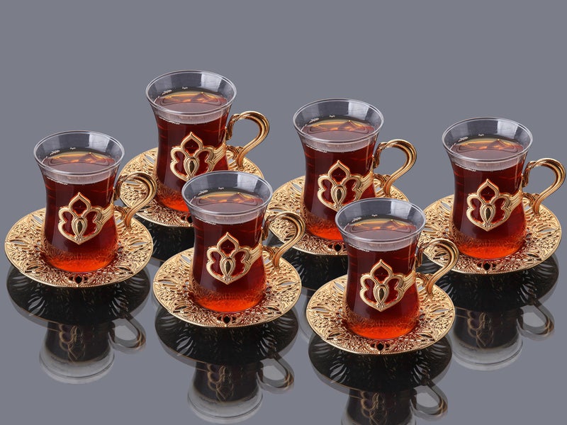 Alisveristime (SET OF 6) Turkish Tea Set with Zamac Holders, Glass Cups, and Saucers, 100ml Capacity, Elegant Serving Set in Gold and Silver (Harman) (Gold) - Image 3