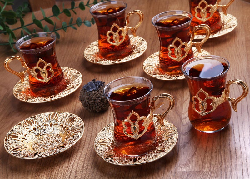 Alisveristime (SET OF 6) Turkish Tea Set with Zamac Holders, Glass Cups, and Saucers, 100ml Capacity, Elegant Serving Set in Gold and Silver (Harman) (Gold) - Image 2