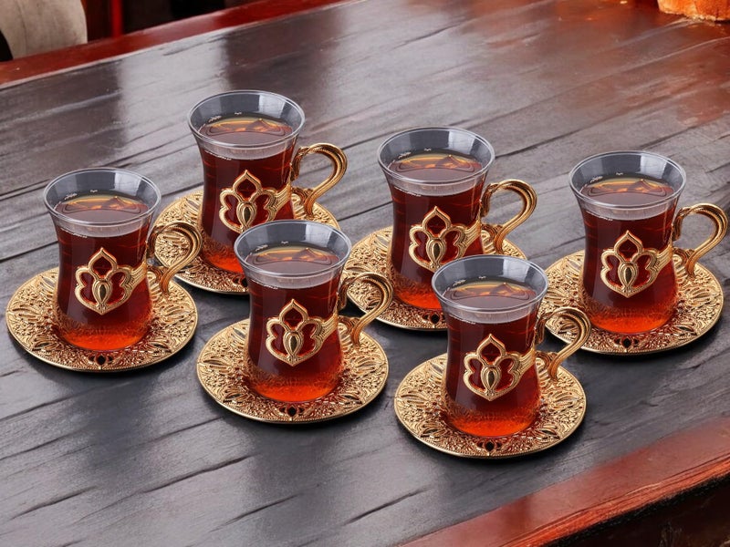 Alisveristime (SET OF 6) Turkish Tea Set with Zamac Holders, Glass Cups, and Saucers, 100ml Capacity, Elegant Serving Set in Gold and Silver (Harman) (Gold) - Image 5