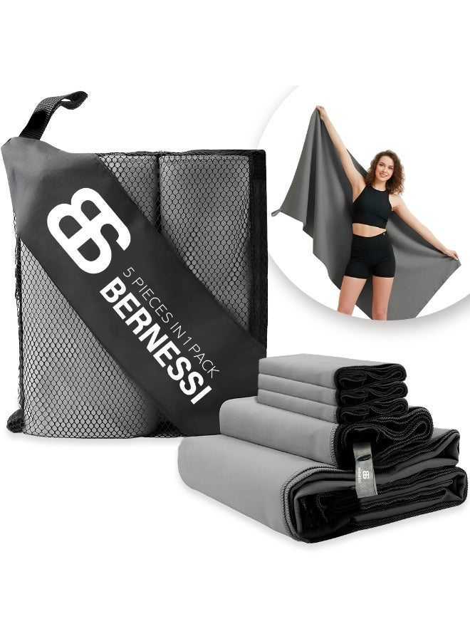 Bernessi 5 Pack Microfiber Gym Towel Set for Men Women Fast Drying, Absorbent Sweat Quick Dry Cooling Towel, Sport Towels Super Soft for Home Fitness Workout Yoga Swimming Bath Camping Beach Color Grey - Image 1