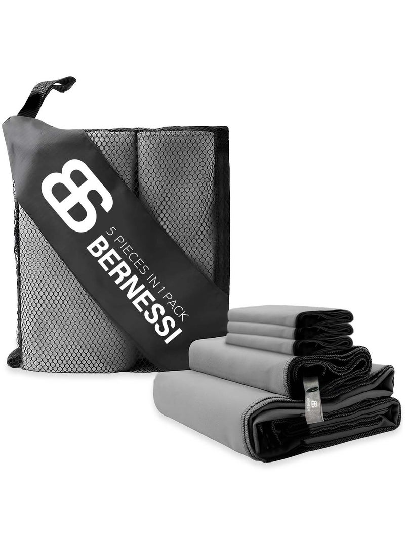 Bernessi - 5 Pack Microfiber Gym Towel Set for Men Women Fast Drying, Absorbent Sweat Quick Dry Cooling Towel, Sport Towels Super Soft for Home Fitness Workout Yoga Swimming Bath Camping Beach Сolor Grey - Image 1