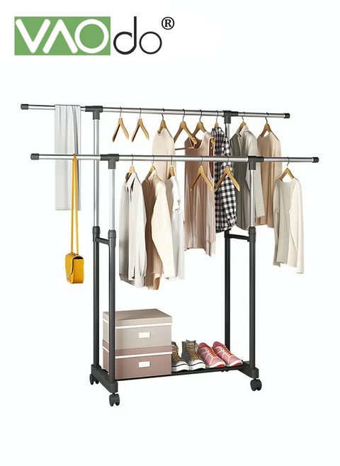 Double Pole Telescopic Clothes Hanger Rack, Multifunctional Clothes Organizer with Shoe Rack, Easy Installation Oversized Storage Space Rolling Garment Rack with Roll 138M Wide