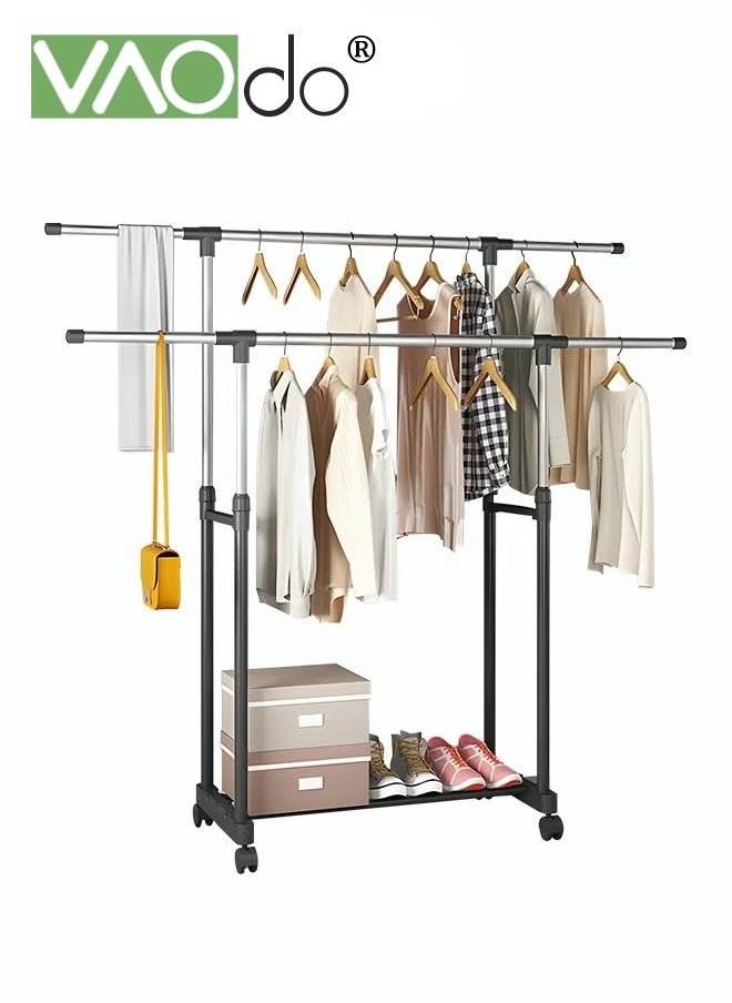 VAOdo - Double Pole Telescopic Clothes Hanger Rack, Multifunctional Clothes Organizer with Shoe Rack, Easy Installation Oversized Storage Space Rolling Garment Rack with Roll 138M Wide - Image 1
