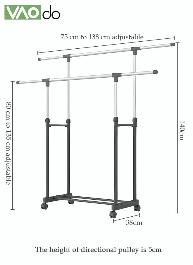 VAOdo - Double Pole Telescopic Clothes Hanger Rack, Multifunctional Clothes Organizer with Shoe Rack, Easy Installation Oversized Storage Space Rolling Garment Rack with Roll 138M Wide - Image 1