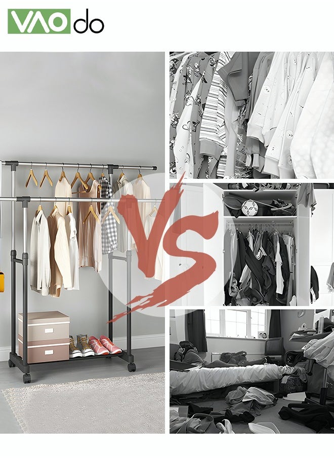 VAOdo - Double Pole Telescopic Clothes Hanger Rack, Multifunctional Clothes Organizer with Shoe Rack, Easy Installation Oversized Storage Space Rolling Garment Rack with Roll 138M Wide - Image 1