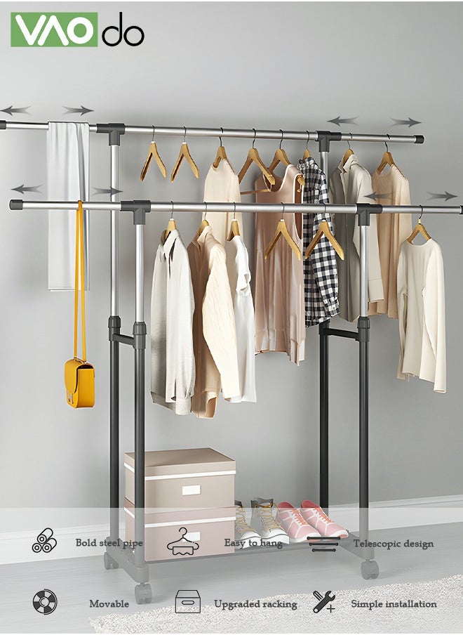 VAOdo - Double Pole Telescopic Clothes Hanger Rack, Multifunctional Clothes Organizer with Shoe Rack, Easy Installation Oversized Storage Space Rolling Garment Rack with Roll 138M Wide - Image 1