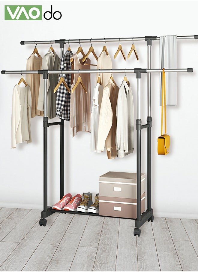 VAOdo - Double Pole Telescopic Clothes Hanger Rack, Multifunctional Clothes Organizer with Shoe Rack, Easy Installation Oversized Storage Space Rolling Garment Rack with Roll 138M Wide - Image 1