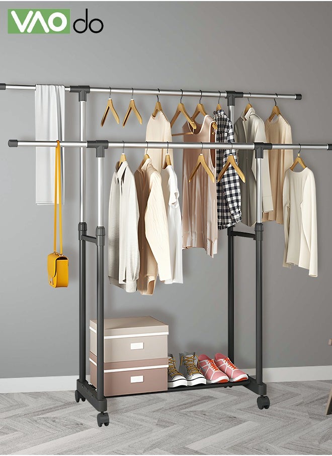 VAOdo - Double Pole Telescopic Clothes Hanger Rack, Multifunctional Clothes Organizer with Shoe Rack, Easy Installation Oversized Storage Space Rolling Garment Rack with Roll 138M Wide - Image 1