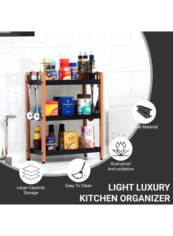 Livzing Metal 3 Tier Spice Rack for Kitchen Space Saving Countertop Storage Racks Cosmetics Organizer Kitchen Shelf Bathroom Organizer Stand Multipurpose Tiered Shelves with Plastic Hooks - Black - Image 4