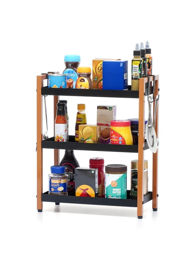 Livzing Metal 3 Tier Spice Rack for Kitchen Space Saving Countertop Storage Racks Cosmetics Organizer Kitchen Shelf Bathroom Organizer Stand Multipurpose Tiered Shelves with Plastic Hooks - Black - Image 3